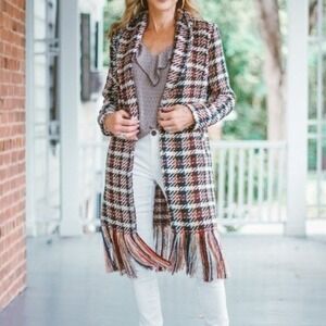 Cabi Regencry Multi Color Plaid‎ Fringe Tweed Long Coat Size XS Wool Blend